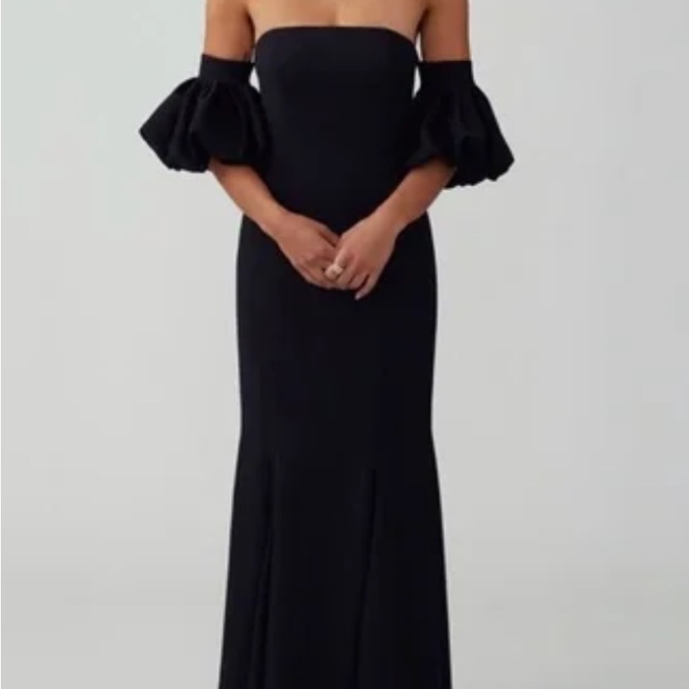 Fame and Partners Strapless Navy Gown with Puff Sleeves